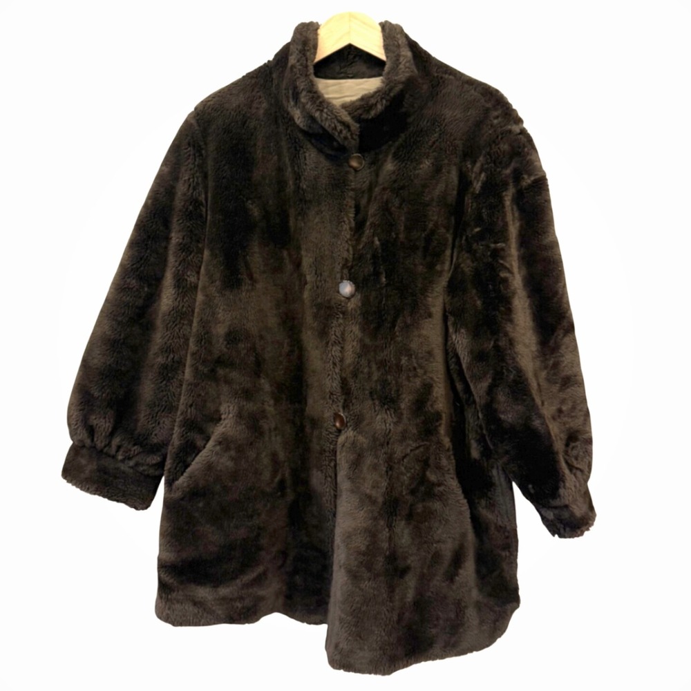 J Percy Vintage Cozy Dark Brown Faux Fur Button Front Reversible Coat Women's XL